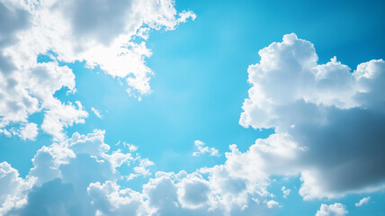 Fluffy white clouds drift across a bright blue sky on a sunny day in the afternoon