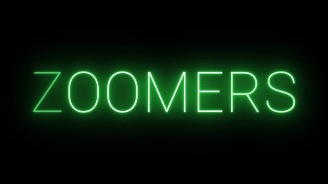 Flickering neon green glowing zoomers sign animated black background.