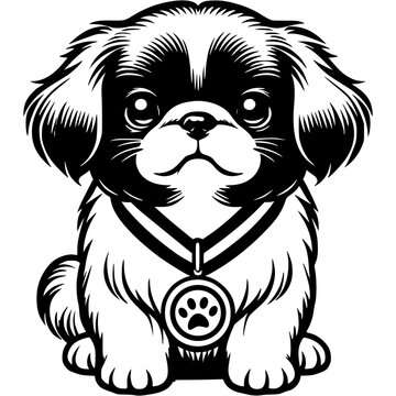 recommend clip art: Pekingese puppy with dog show winner medal worn around its neck in monochrome. Simple minimalistic vector in black ink drawing on transparent background