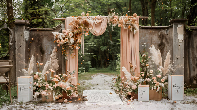 Rustic Romance: Enchanting outdoor wedding ceremony arch draped in blush fabrics, adorned with peach and terracotta florals, set against a whimsical woodland backdrop. 