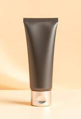 Blank black cosmetic tube on beige background. Packaging mockup for cream, lotion, gel, or other beauty products.