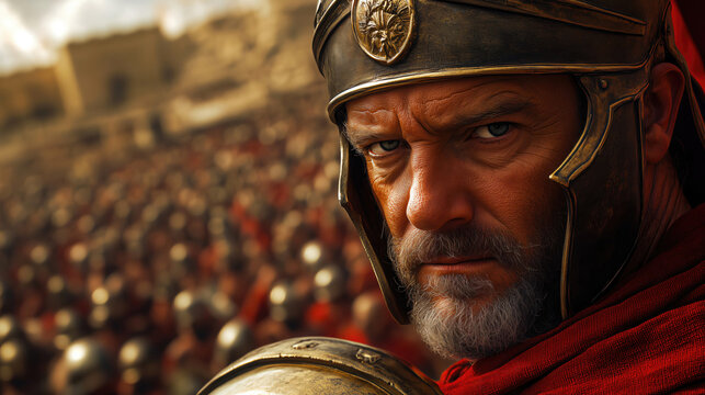 Roman general wearing helmet standing in front of army formation