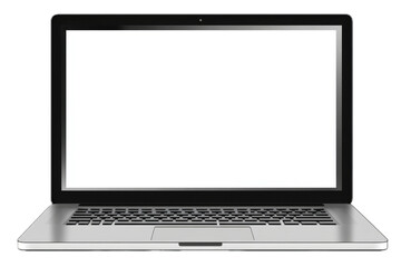 Fototapeta premium Open laptop with blank screen on a white background, ideal for business display or mockup, minimalistic and clean design for corporate branding or product presentation.
