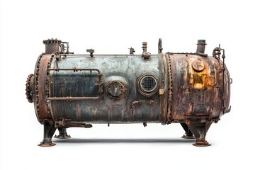 A close-up of a weathered industrial boiler, showcasing its ruggedness and history of hard work. Rust, pipes, valves, and metal panels tell a story of enduring power and manufacturing.