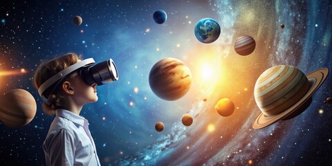 Kid wearing VR glasses exploring the solar system , virtual reality, technology, education, learning, astronomy, space