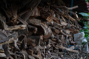 pile of used wood in the warehouse