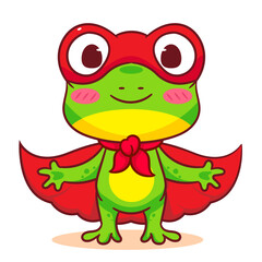 Cute frog cartoon character being hero. Adorable animal concept design. Isolated white background. Vector art illustration.