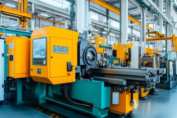 A close-up view of a die casting machine in a modern factory, showcasing its intricate design and powerful operation. The machine is used to create metal parts, highlighting the industrial process of 