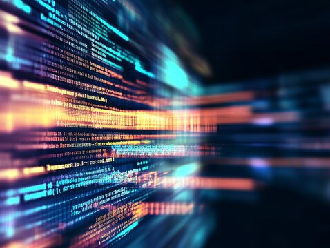 Abstract representation of software development with blurred computer code and screens, highlighting Python programming, AI-inspired visuals, and creativity in technology and data science.