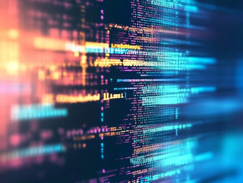Abstract representation of software development with blurred computer code and screens, highlighting Python programming, AI-inspired visuals, and creativity in technology and data science.