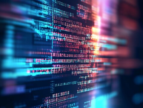 Abstract representation of software development with blurred computer code and screens, highlighting Python programming, AI-inspired visuals, and creativity in technology and data science.