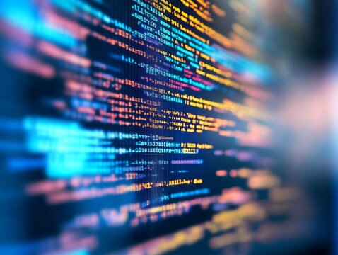 Abstract representation of software development with blurred computer code and screens, highlighting Python programming, AI-inspired visuals, and creativity in technology and data science.