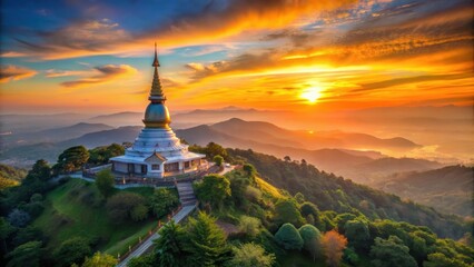 Fototapeta premium Sun setting over mountains at Phra That Na Dun Chedi, Thailand, Sunset, sun, mountains, Phra That Na Dun Chedi