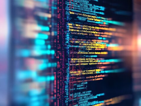 Abstract representation of software development with blurred computer code and screens, highlighting Python programming, AI-inspired visuals, and creativity in technology and data science.