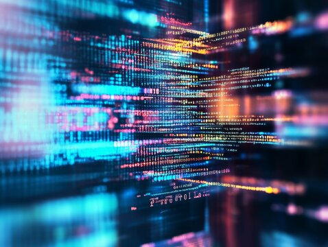 Abstract representation of software development with blurred computer code and screens, highlighting Python programming, AI-inspired visuals, and creativity in technology and data science.
