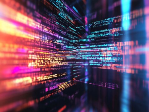 Abstract representation of software development with blurred computer code and screens, highlighting Python programming, AI-inspired visuals, and creativity in technology and data science.