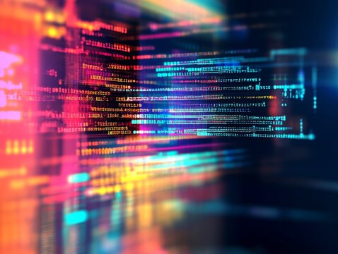 Abstract representation of software development with blurred computer code and screens, highlighting Python programming, AI-inspired visuals, and creativity in technology and data science.