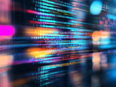 Abstract representation of software development with blurred computer code and screens, highlighting Python programming, AI-inspired visuals, and creativity in technology and data science.