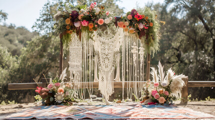 Bohemian Dreamcatcher Altar: A rustic wooden arch adorned with a delicate macrame dreamcatcher, vibrant floral arrangements, and pampas grass, sets the scene for a magical bohemian wedding ceremony in