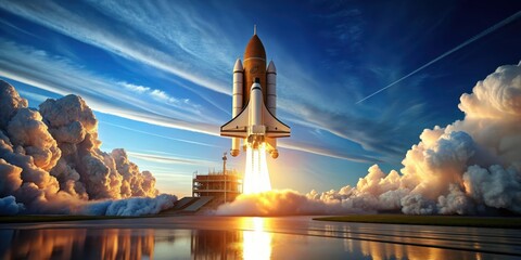 Spaceship ready for launch against blue sky background, space, spaceship, launch, space exploration, technology