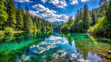 Fototapeta premium Expansive view of crystal-clear lake surrounded by dense green trees in a serene natural setting, drone, aerial view