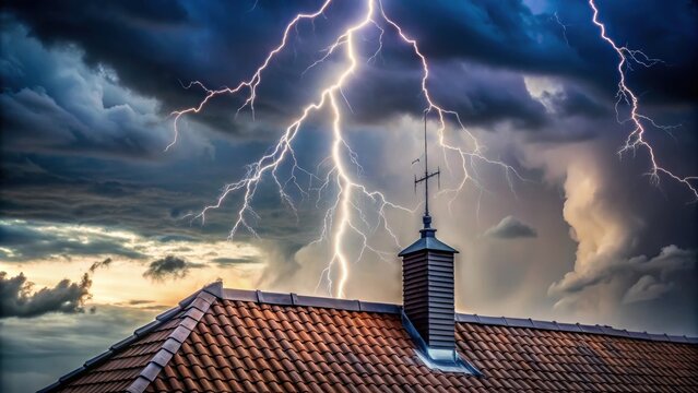 Lightning rod on a rooftop during a rainy day , stormy weather, protection, safety, weather, thunderstorm, metal