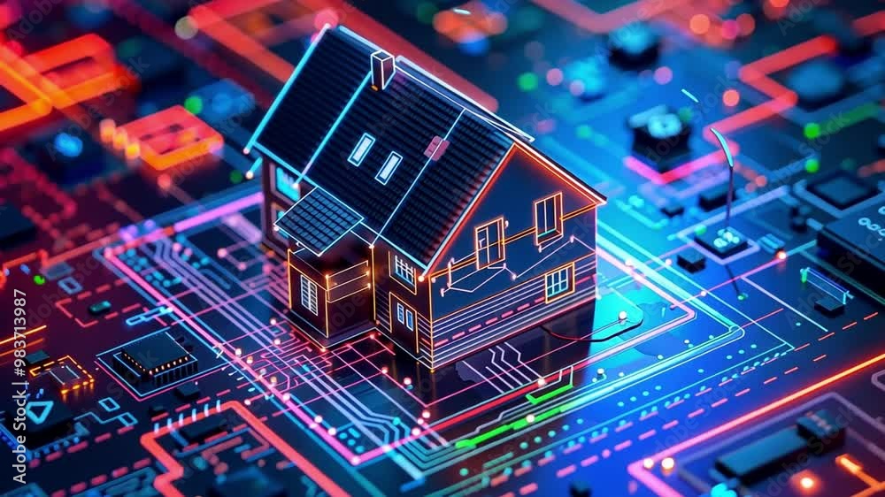 Aufkleber A house model is displayed against a backdrop of bright circuitry, symbolizing the intersection of home design and modern technology. The scene emphasizes innovation and connectivity.