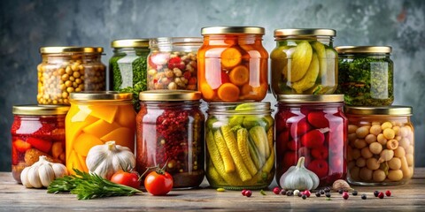 Variety of homemade pickled food , pickles, jars, fermentation, homemade, vegetables, brine, preserving, cucumbers, radishes