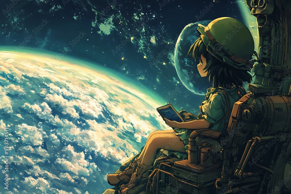 Wall mural Anime Girl Astronaut Looking at Earth from Space.