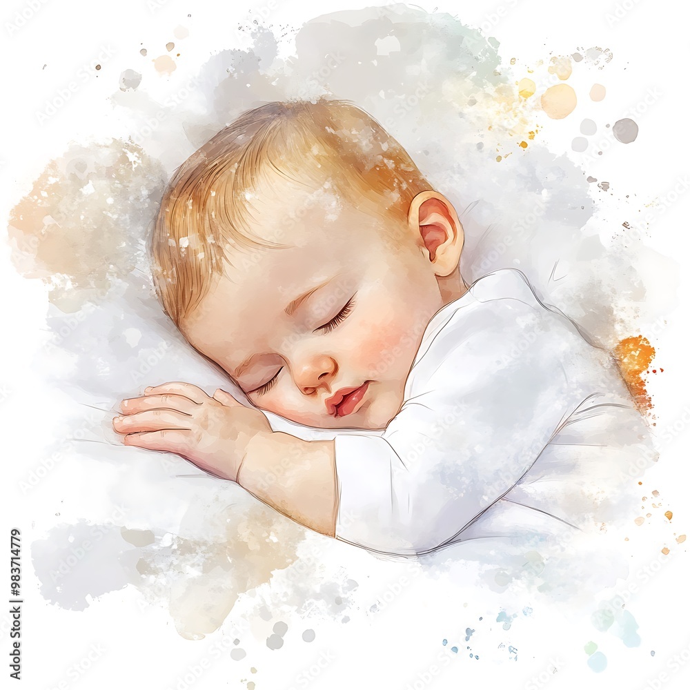 Wall mural Watercolor Painting of a Sleeping Baby.