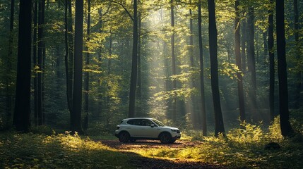 White SUV Parked in a Sunlit Forest Clearing
