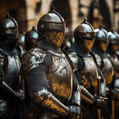 Fototapeta premium Line of medieval knights wearing suits of armor stand at attention