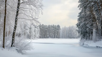 Frozen Lake in a Snowy Forest