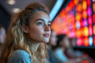 a diverse group of students engaged in a lively discussion in a modern university lecture hall with colorful digital displays and interactive learning tools surrounding them