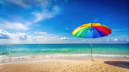 Colorful beach umbrella standing out against bright blue sky and sparkling ocean, colorful