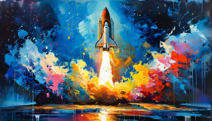 Obraz premium Abstract Space Shuttle Launch with Colorful Nebula Background