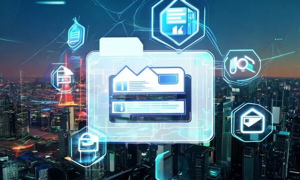 Digital folders and files full of futuristic colorful tags and labels