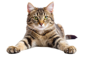 Tabby cat lying on transparent background with playful expression