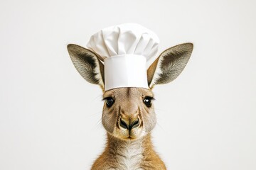 A friendly kangaroo wearing a chef's hat, symbolizing culinary expertise, Australian cuisine, wildlife, humor, and a playful approach to cooking.