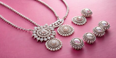 High angle shot of elegant jewelry set on pink surface, ring, necklaces, diamonds, accessories, luxury, fashion, beauty