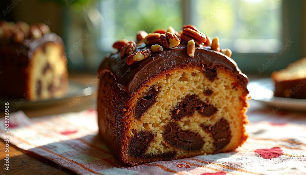 Wall mural german chocolate pecan pound cake on vintage tablecloth