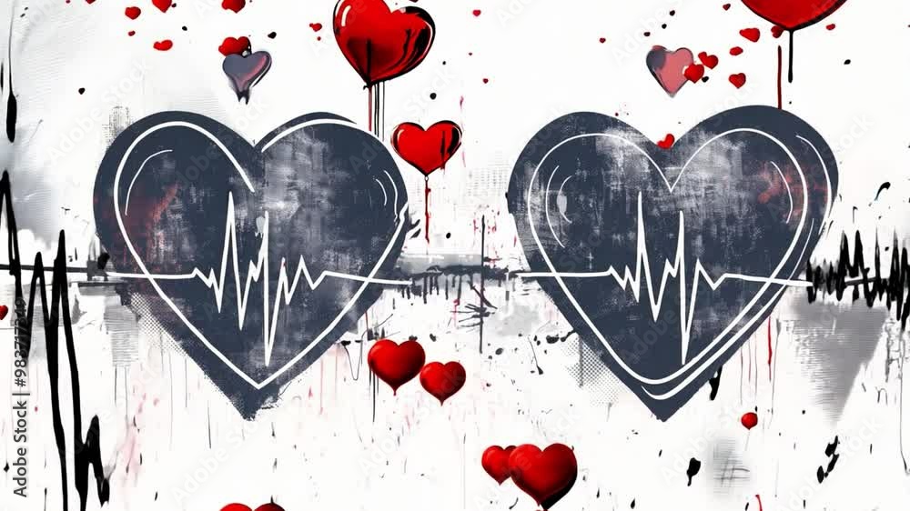 Poster Two stylized heart graphics featuring heartbeat lines are adorned with splashes of color and floating hearts, conveying love and passion in a dynamic artistic representation.