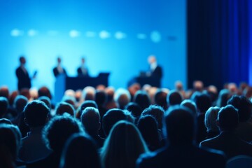 Large crowd gathered in front of a conference stage with speakers, set against a blurred blue background, capturing the event atmosphere.