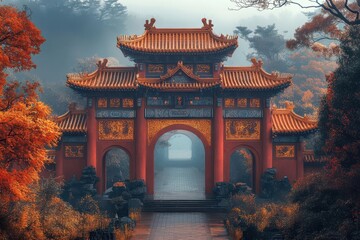 Fototapeta premium ancient chinese imperial palace ornate golden gates misty mountaintop setting ethereal light mystical atmosphere traditional architecture