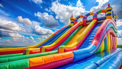 Colorful inflatable water slide against a blue sky background, inflatable, water slide, colorful, blue sky, summer, fun