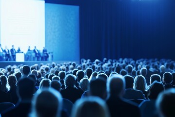 Large crowd gathered in front of a conference stage with speakers, set against a blurred blue background, capturing the event atmosphere.