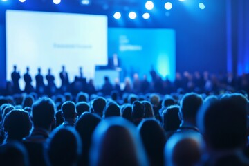 Obraz premium Large crowd gathered in front of a conference stage with speakers, set against a blurred blue background, capturing the event atmosphere.