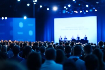 Large crowd gathered in front of a conference stage with speakers, set against a blurred blue background, capturing the event atmosphere.