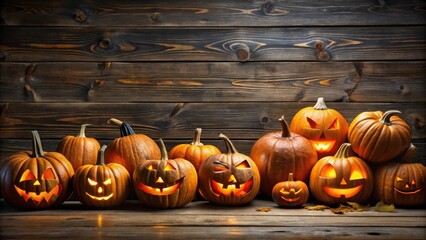 Halloween pumpkins arranged on a dark wood background, spooky, autumn, decoration, rustic, seasonal, holiday, festive