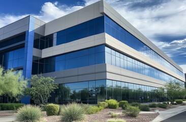 Obraz premium Modern office building in Scottsdale, California with gray and blue exterior, large windows, surrounding greenery, trees, and bright sunny sky with white clouds.